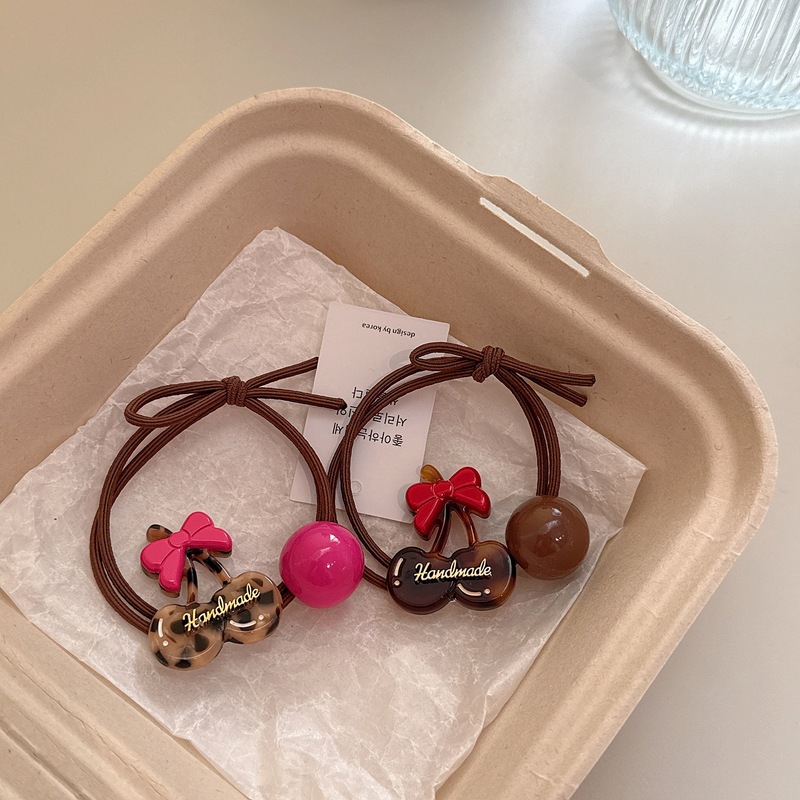 甜酷风醋酸豹纹樱桃蝴蝶结发绳甜美可爱少女扎马尾高弹力皮筋发圈|undefined