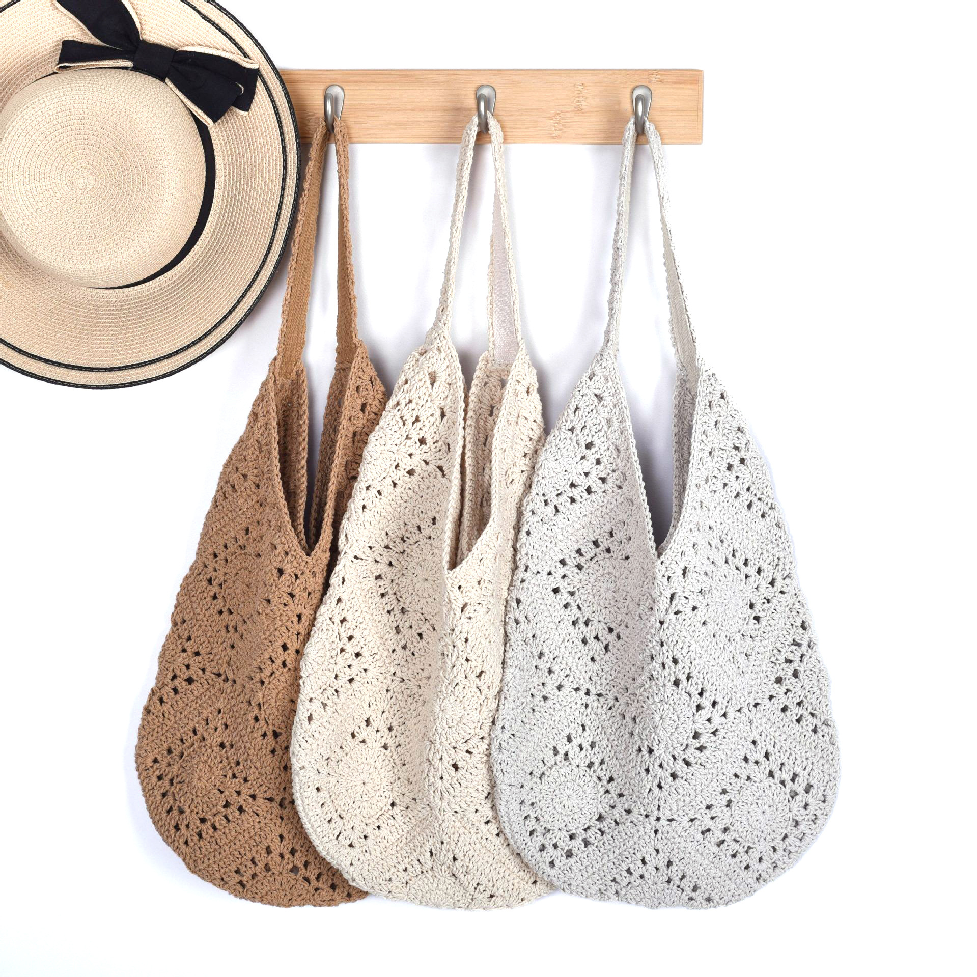 Borsa a tracolla da spiaggia intrecciata in erba Laizhou da donna, fatta a mano all'uncinetto, con filo di cotone, griglia della nonna, fiore cavo_voghion.com