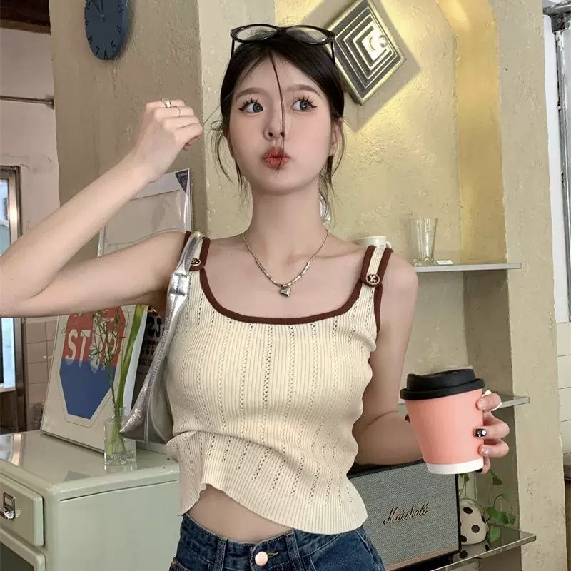 新款纯欲辣妹百搭针织吊带背心女内搭短款小背心设计感小众上衣女
