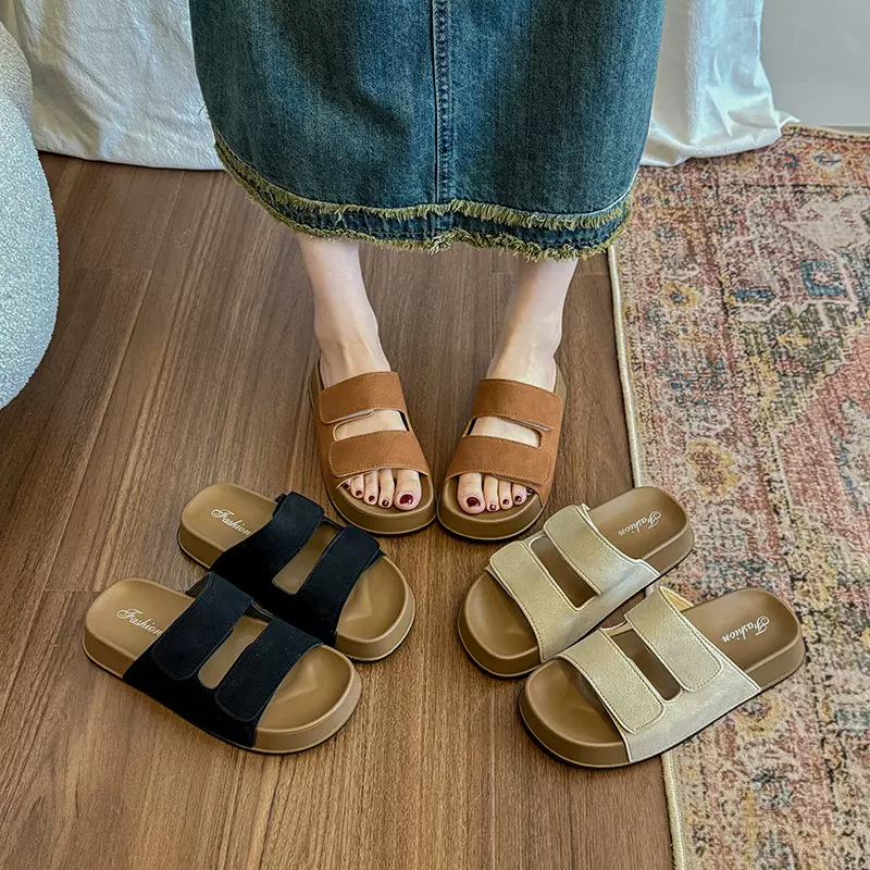 休闲一字扣带魔术贴勃肯拖鞋女学生夏外穿厚底软沙滩鞋凉拖鞋批发