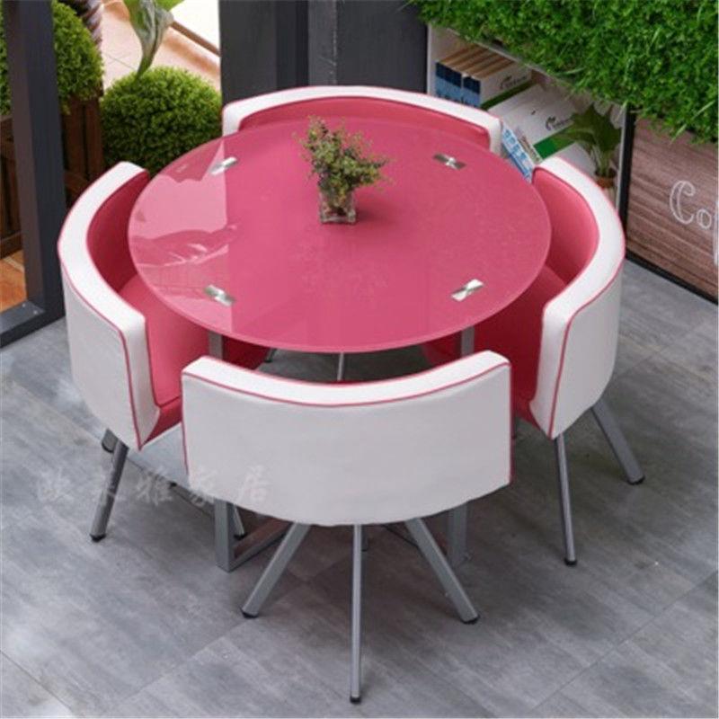 Mesa y sillas de comedor modernas, mesa redonda pequeña de vidrio templado, mesa y sillas para recepción y negociación, una mesa y cuatro sillas, cocina de inducción.