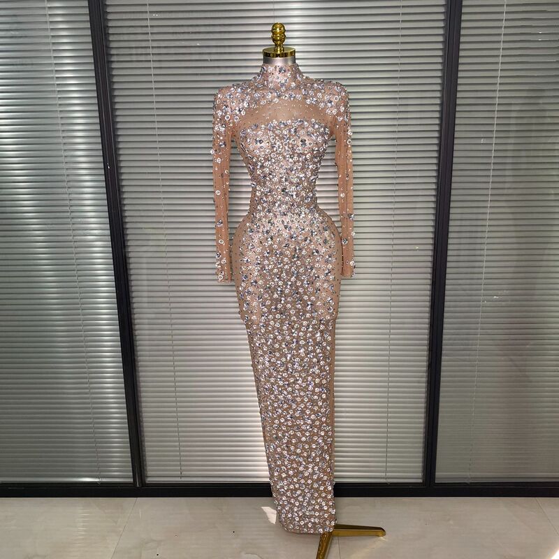 Cross-border heavy-duty mesh handmade rhinestone dress, celebrity stage performance outfit, birthday dress, party floor-length gown Cross-border heavy-duty mesh handmade rhinestone dress, celebrity stage performance outfit, birthday dress, party floor-length gown