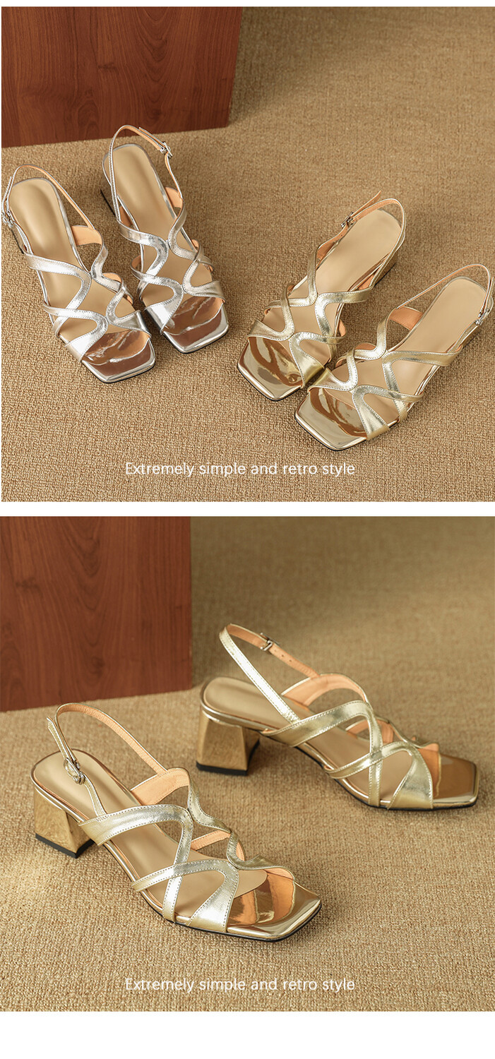 Sandal cao gót nữ da thật mũi vuông hở mũi gót thô 9 cm — Màu vàng, Màu bạc chi tiết 12