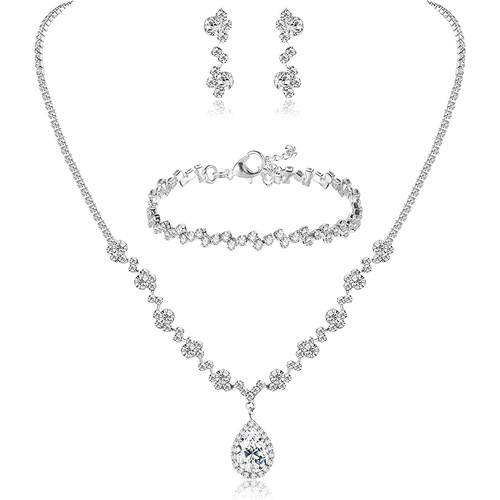 Bridesmaid Prom Costume Rhinestone Jewelry Set Bride Wedding Metal Zircon Water Drop Wave Necklace Earrings Bracelet
