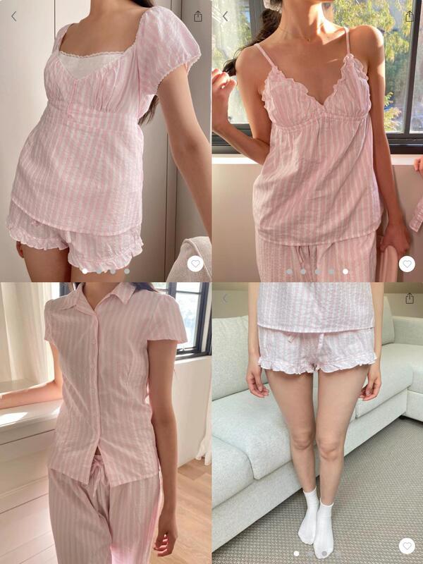 Bm Style Sweet Puff Sleeve Pink Striped Short-Sleeve Shirt for Women, New Bm Model, Slimming and Super Stylish Versatile Top Bm Style Sweet Puff Sleeve Pink Striped Short-Sleeve Shirt for Women, New Bm Model, Slimming and Super Stylish Versatile Top