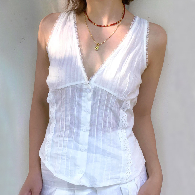Niche Oak*M White Lace V-Neck Waist Strap Button Vest Women's French Retro Sleeveless Suspender Summer