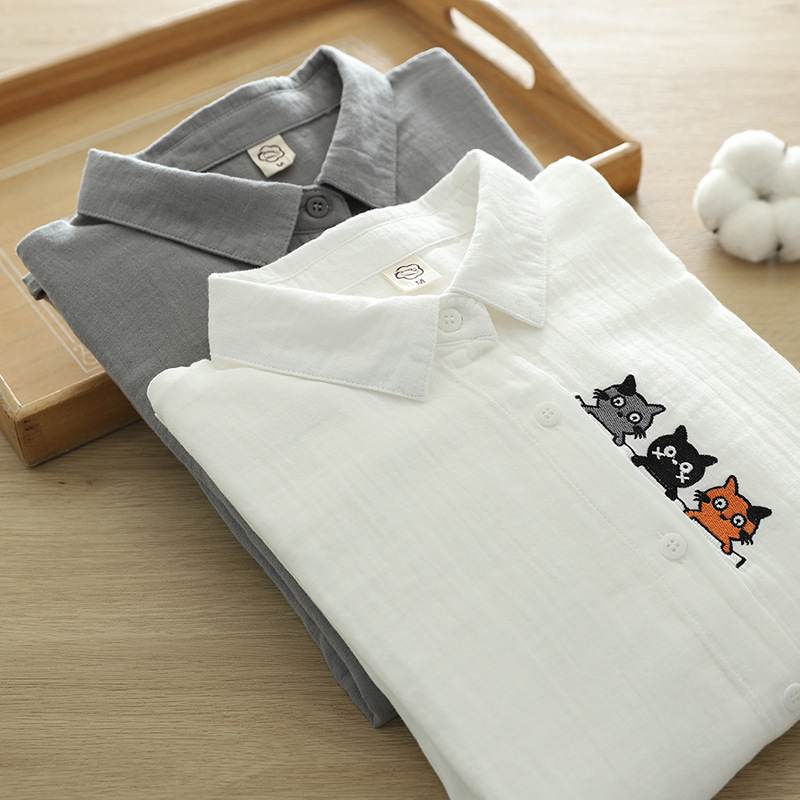 Soft double-layer cotton yarn cat embroidered long-sleeved shirt for women 2024 Spring and Autumn New Age-reducing slimming shirt top Soft double-layer cotton yarn cat embroidered long-sleeved shirt for women 2024 Spring and Autumn New Age-reducing slimming shirt top