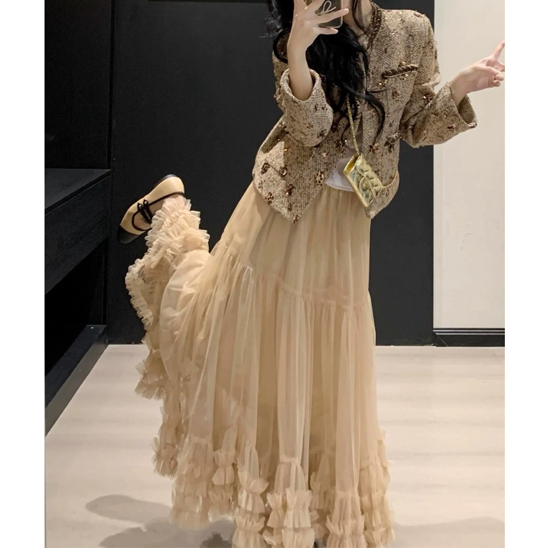 2025超火套装女款名媛气质小香风立体钉珠亮片粗花呢外套网纱长裙|undefined