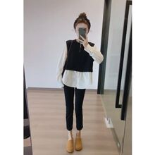 气质简约圆领针织拼接衬衫假两件上衣+显瘦百搭钉扣烟管裤套装