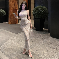蕾丝拼接无袖挂脖连衣裙女夏季开叉收腰鱼尾裙纯欲修身包臀长裙