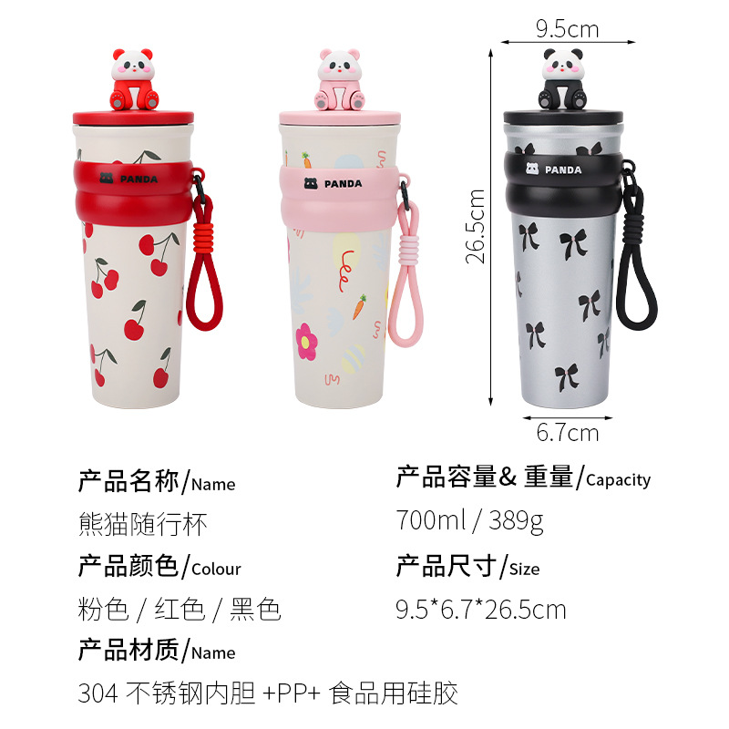 Vaso de agua creativo con pajita, vaso aislado, alto valor estético, gran capacidad, vaso de viaje con diseño de panda, acero inoxidable 304, diseño de dibujos animados portátil.
