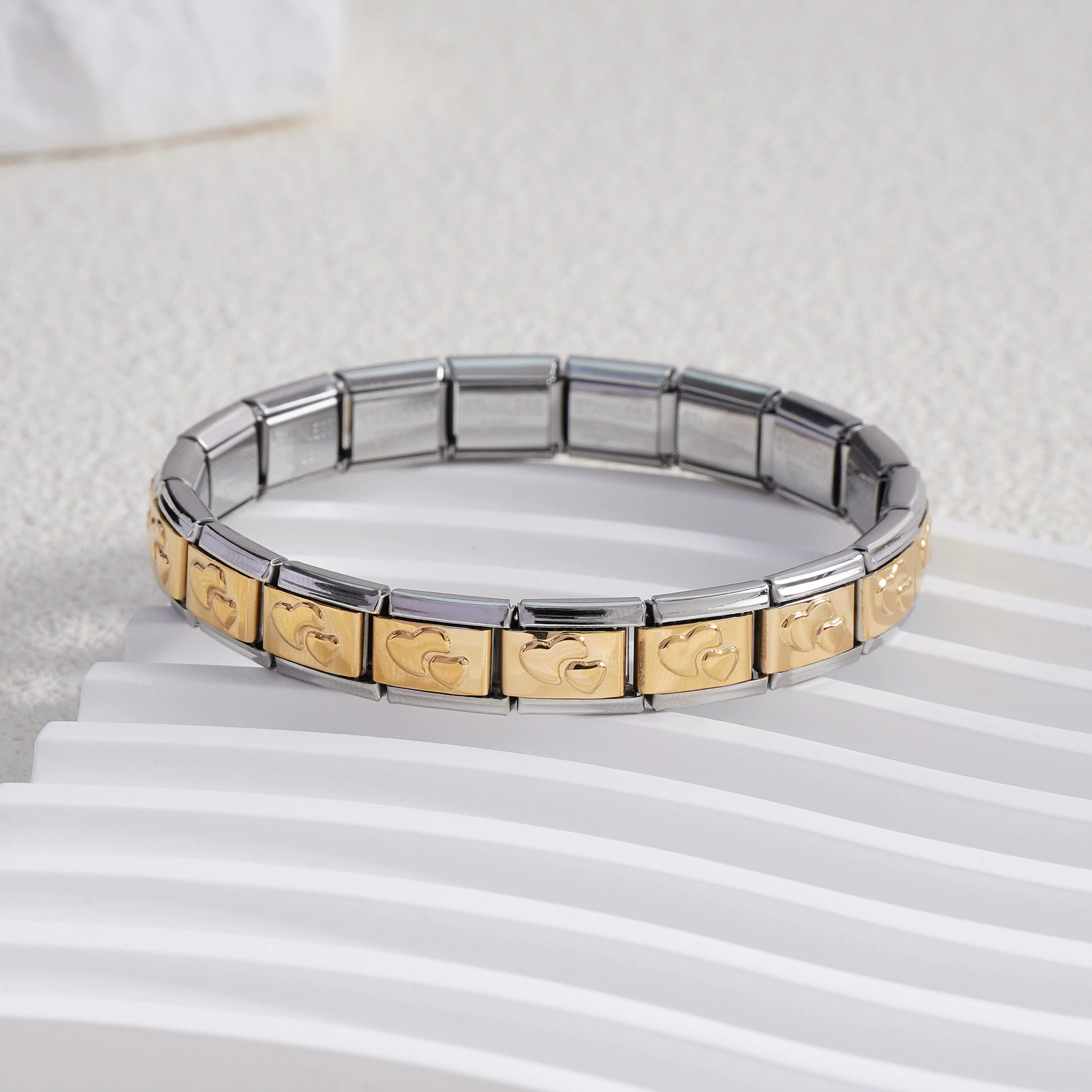 stainless steel bracelet, removable elastic link watch strap, italian european style, assorted charms