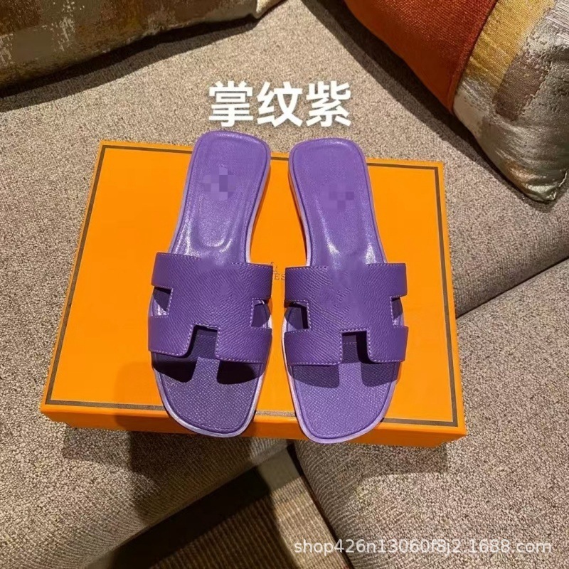 外贸经典款H家拖鞋女夏季高版本休闲一字型羊皮平底拖鞋批出货快|undefined