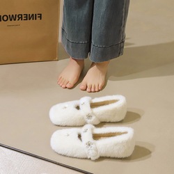 836-70 Korean version rhinestone hairy shoes for women, height increasing bean shoes, flat Mary Jane shoes with plush insulation cotton shoes