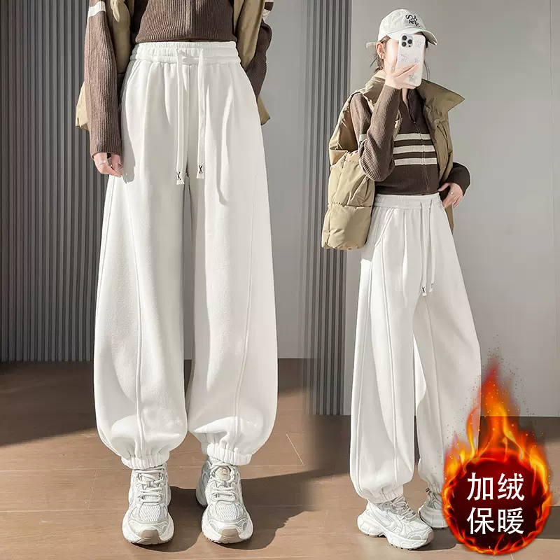 加厚奥粒绒运动卫裤冬季2025新款高腰显瘦束脚保暖宽松休闲长裤潮