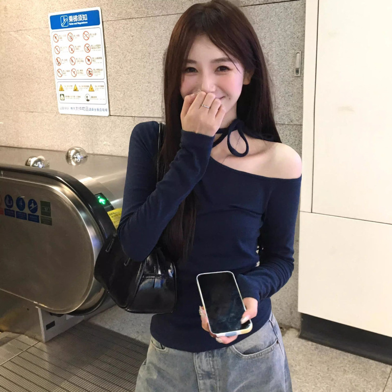 Modal Korean-Style Stunning Off-Shoulder Long-Sleeve Top for Women, Early Autumn, Single Wear, Halter Neck, Super Pretty Base Shirt Top Modal Korean-Style Stunning Off-Shoulder Long-Sleeve Top for Women, Early Autumn, Single Wear, Halter Neck, Super Pretty Base Shirt Top