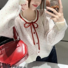 温柔风蝴蝶结系带针织开衫外套女早秋季2025新款圆领毛衣外套上衣