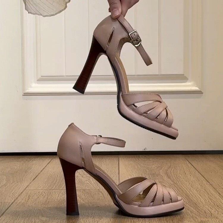 Sheepskin Hollow-Out Peep-Toe Strap Sandals for Women, Summer French Fashion Woven Platform Chunky High Heels Sheepskin Hollow-Out Peep-Toe Strap Sandals for Women, Summer French Fashion Woven Platform Chunky High Heels