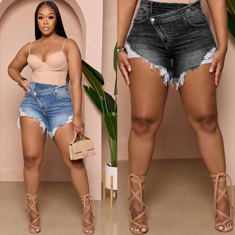 Factory Direct Sales 2025 Spring and Summer New Cross-Border Amazon High-Waisted Sexy Raw Edge Denim Shorts for Women Slimming Look
