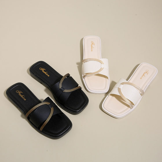 Casual Fashion Flat Slippers Women's Summer Outer Wear One-Word Mops Indoor Non-Slip All-Match Beach Slippers Women's Cross-Border