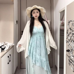 大码胖mm吊带连衣裙夏季套装设计蕾丝花边温柔扎染长裙显瘦开衫