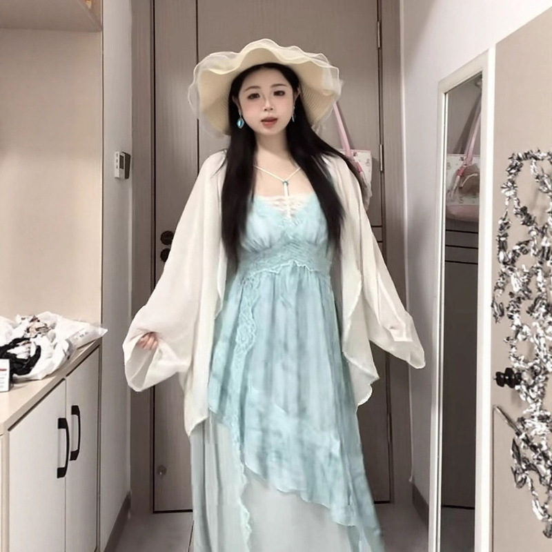 Plus-Size Women's Summer Dress Set with Lace Trim, Gentle Tie-Dye Long Dress, Slimming Cardigan Plus-Size Women's Summer Dress Set with Lace Trim, Gentle Tie-Dye Long Dress, Slimming Cardigan