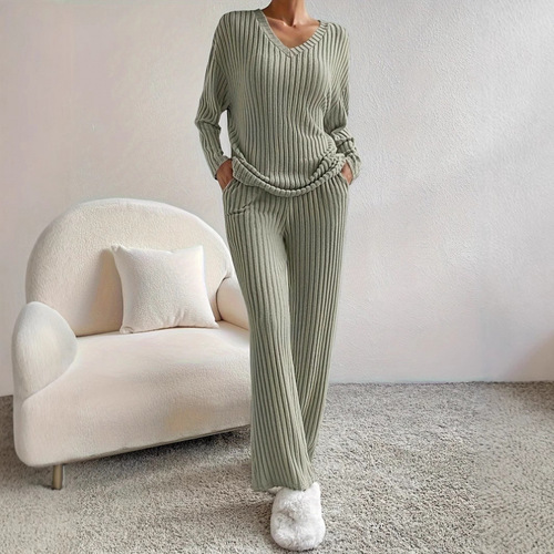 New Autumn Set Home Fashion Casual Straight Leg Pants Elegant Loose V-Neck Striped Two-Piece Set