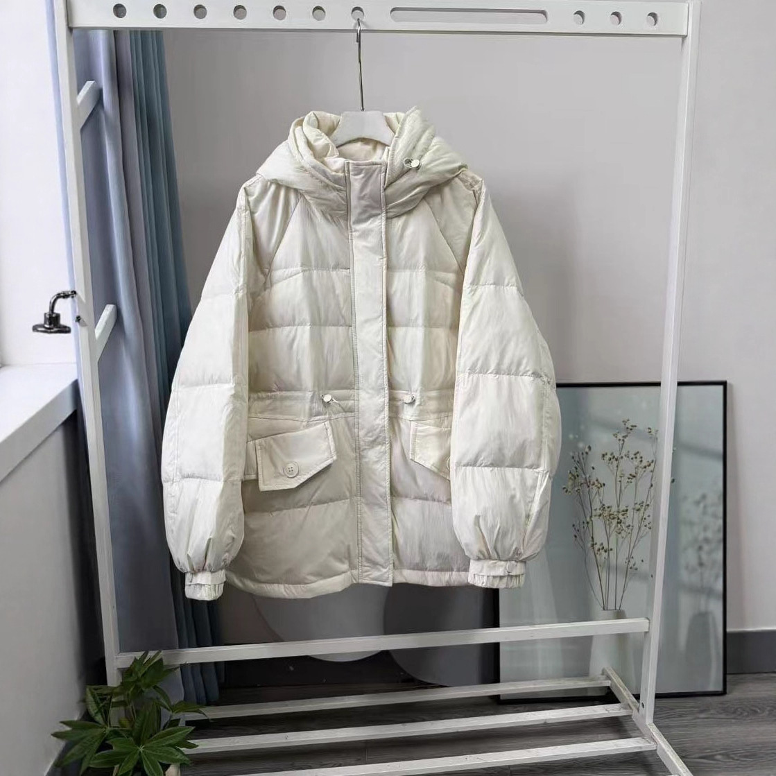 帮工厂清冬季福利款韩款宽松收腰中长款加厚连帽白鸭绒羽绒服外套