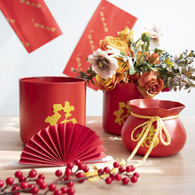 中式年宵花仿真花瓶冬青银柳假花器花盆客厅摆件装饰福桶聚宝盆