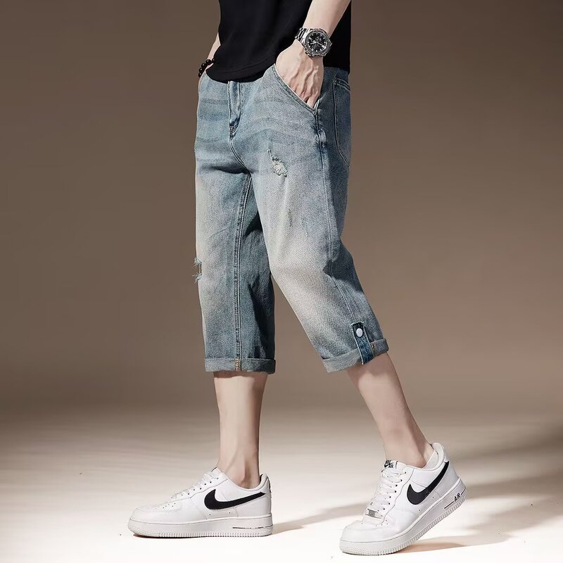 European and American Trendy Brand Retro Distressed Washed Ripped Denim Shorts Men's Trendy Brand Loose Straight Cropped Pants Men's Summer