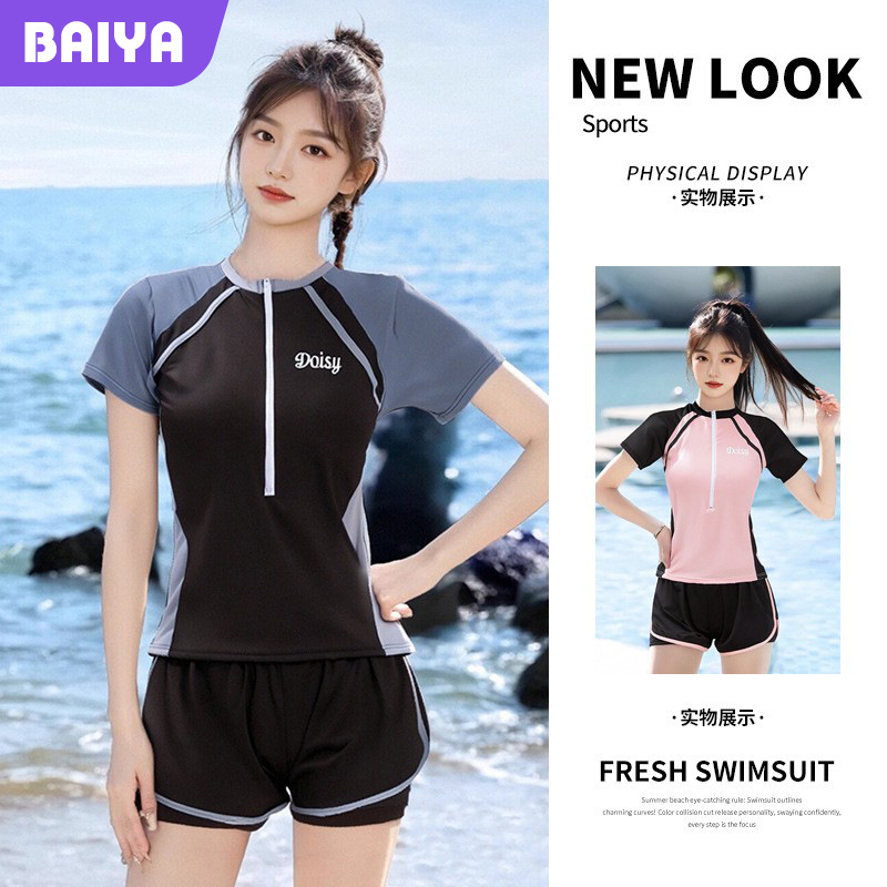 Traje de baño de dos piezas para mujer, nuevo estilo de verano, estilo deportivo estudiantil, disimula la barriga, adelgazante, traje de baño para vacaciones en aguas termales, venta al por mayor.