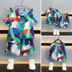 Boys' Summer Ice Silk Chiffon Thin Child Outfit Trendy Boy Beach Shirt Two-Piece Set Seaside Clothes