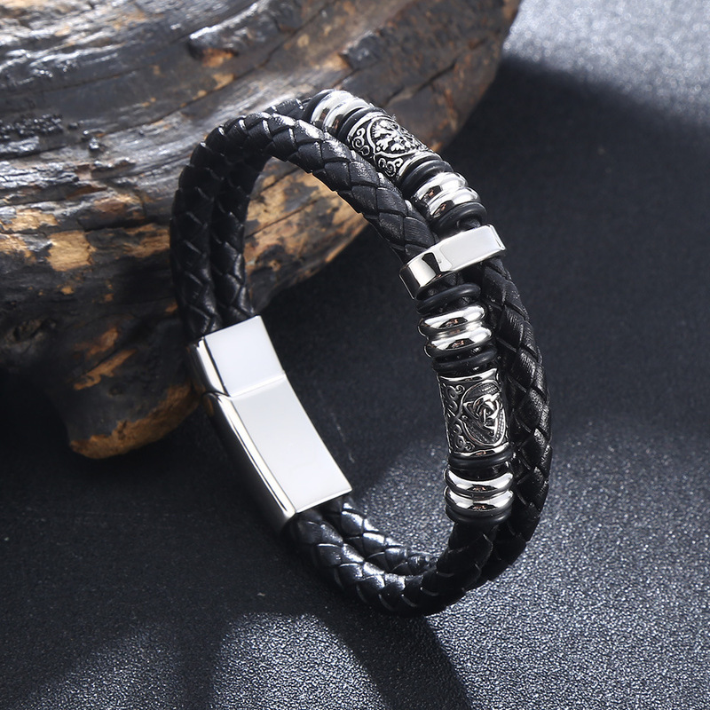 Cross-border stainless steel personalized double-layer leather Viking bracelet new men's vintage leather bracelet European and American jewelry