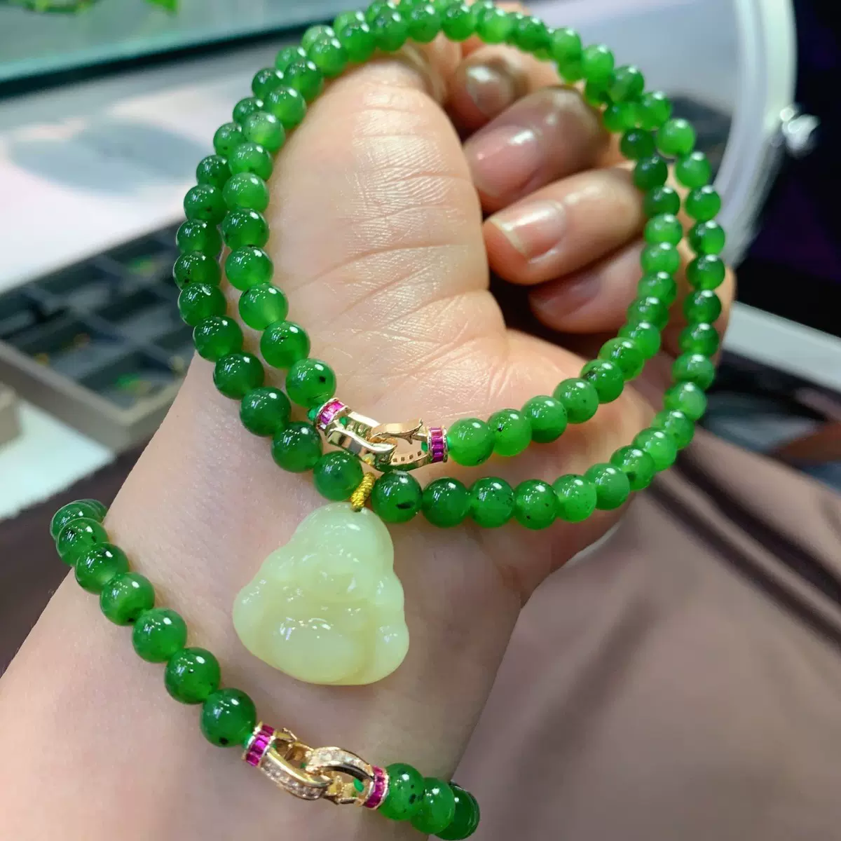 厂家批发天然和田玉俄料碧玉项链加手链两件套装冰冰绿绿色润泽透