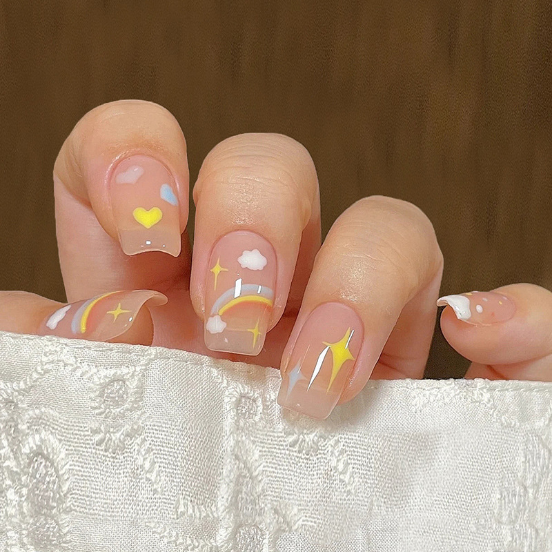 Wear Nail summer fresh love white clouds colorful nail art fake nail piece white powder transparent removable nail art piece