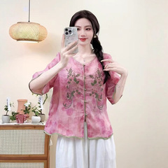 2025夏季文艺复古苎麻印花刺绣衬衫女单排扣宽松中袖衬衣气质上衣
