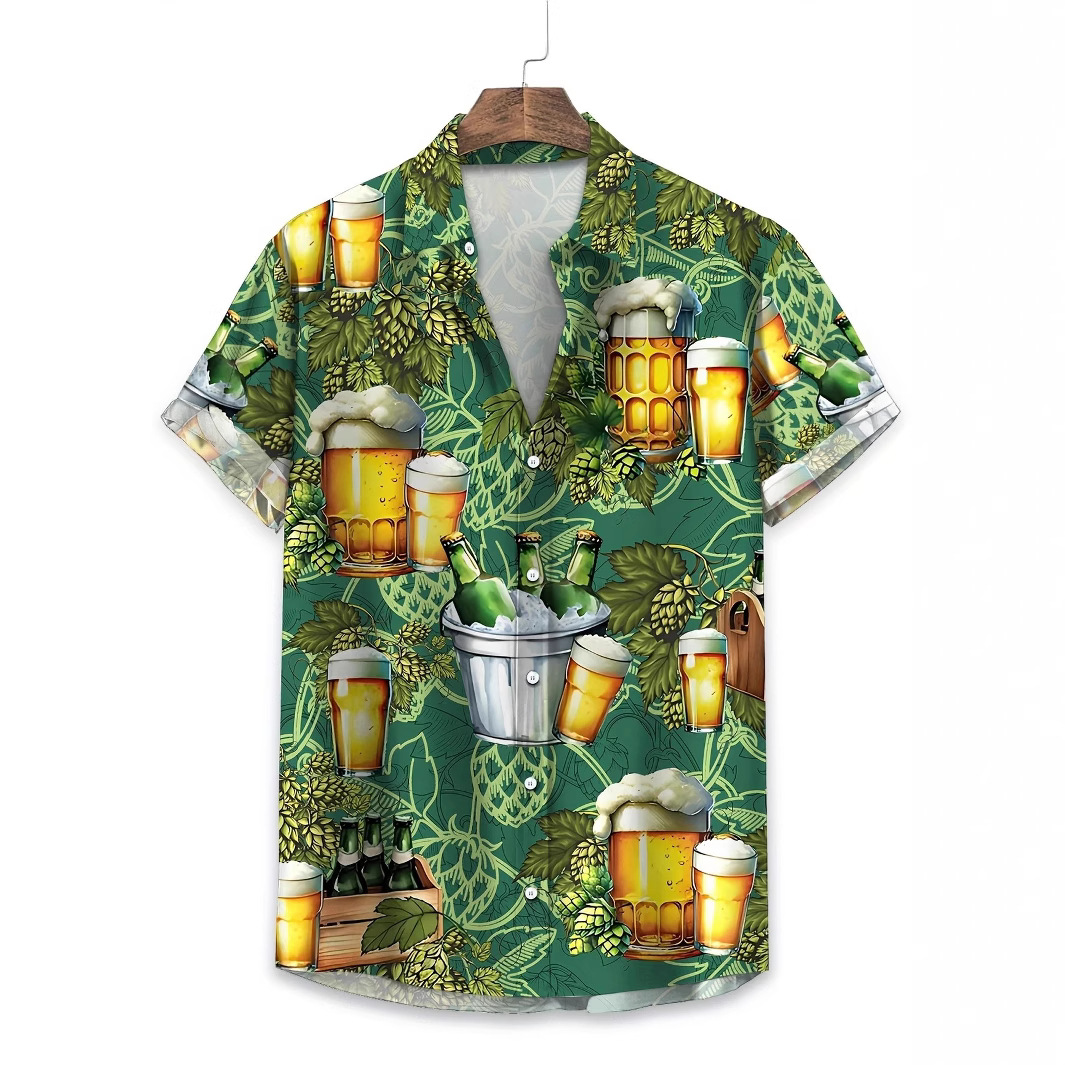 男士夏威夷啤酒主题短袖衬衫 - 舒适夏季T恤，带前纽扣