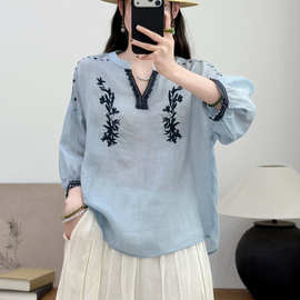 2026夏季新款苎麻重工刺绣T恤衫女文艺纯色九分袖V领宽松衬衣小衫