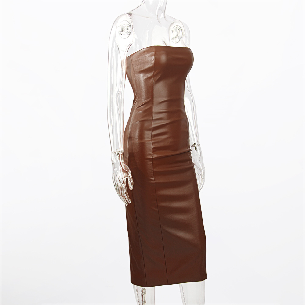 Alluring midi dress in faux leather with a tube top and back slit