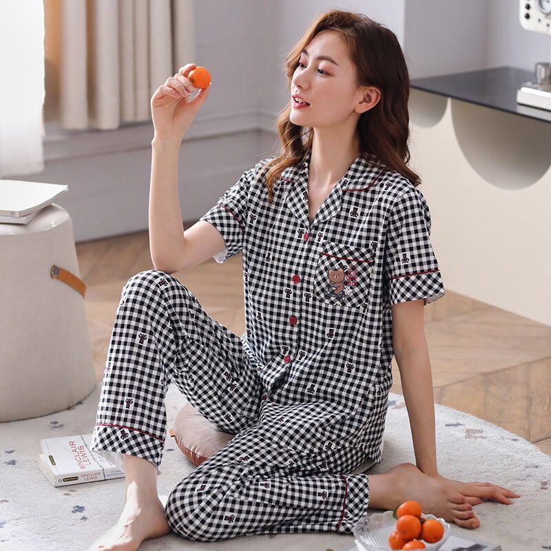 2022 nuevos pijamas de verano de las mujeres de manga corta pantalones de algodón Delgado cardigan desgaste del hogar dos piezas