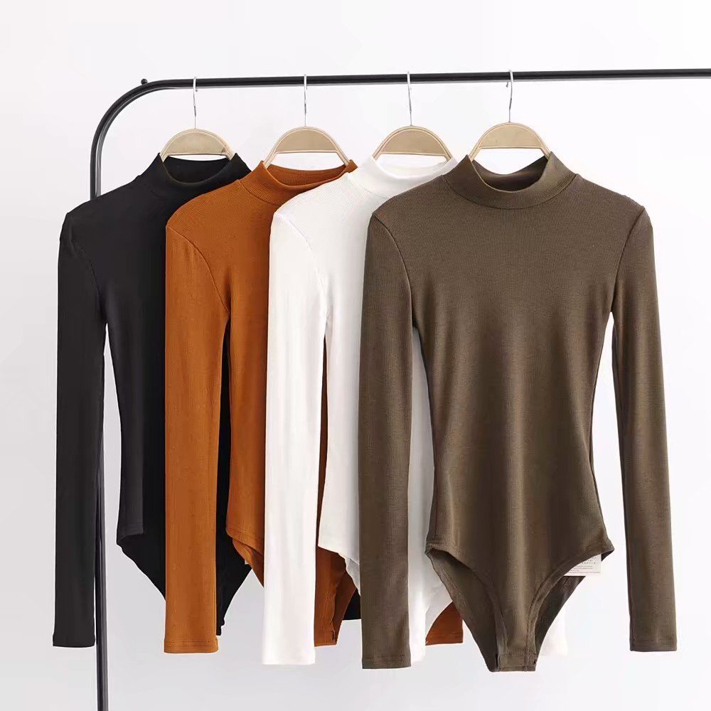2023 early autumn new slim and versatile half-high neck long sleeve pit strip jumpsuit with snap button base thread T-shirt for women