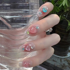 Removable nail art with detachable nail stickers, ice transparent blush for fair skin, heart-shaped diamond decorations, hot-selling fake nail stickers