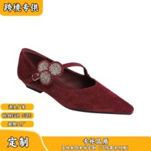 K13-1 翻皮尖头低跟浅口单鞋女新款绒布花朵玛丽珍鞋春秋四季单鞋