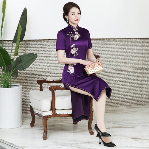 Woman Purple silk Chinese dresses retro cheongsam qipao dress Chinese wind elegant temperament Chinese ancient costumes for women