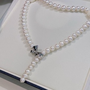 Freshwater 8-9mm seedless pearl necklace mother chain exquisite bow style round extreme light Y chain elegant quality