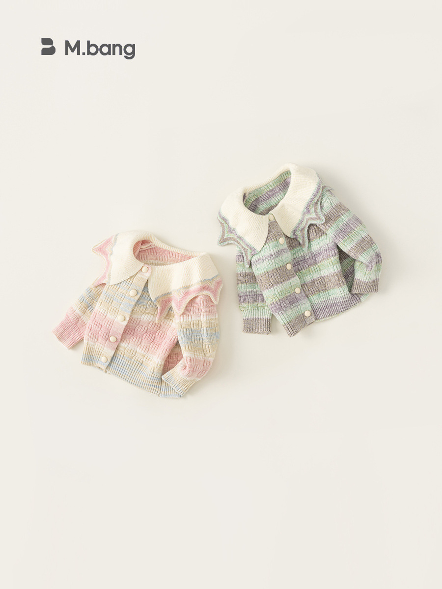 2026 primavera y otoño ropa infantil gran solapa suéter de niñas camisa de punto de color graduado suéter de mujer abrigo