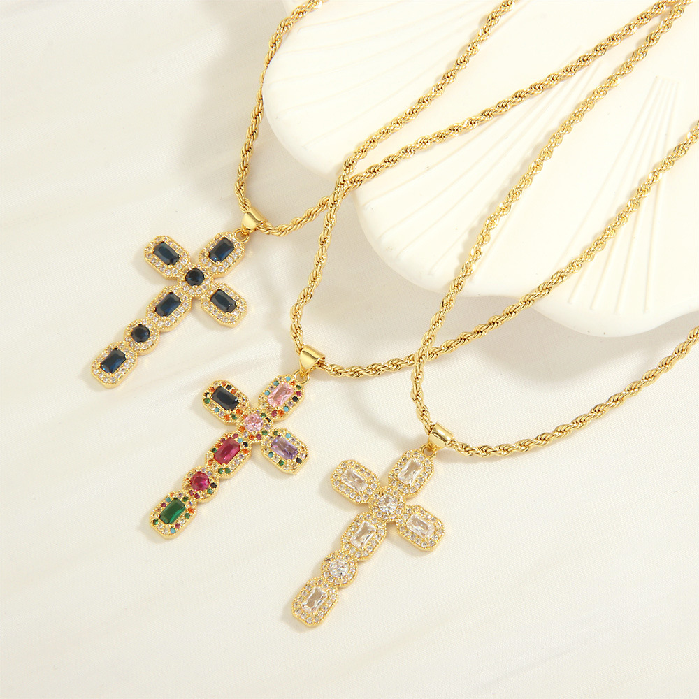 Casual Simple Style Cross Copper Zircon Pendant Necklace display picture 5
