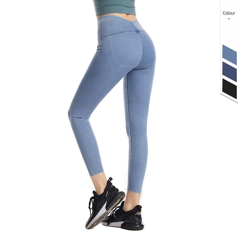 Primavera y verano nuevos pantalones de tiburón de mezclilla de cintura alta de mujer adelgazamiento de una pieza de levantamiento de cadera vientre contracción yoga deportes pantalones casuales al aire libre
