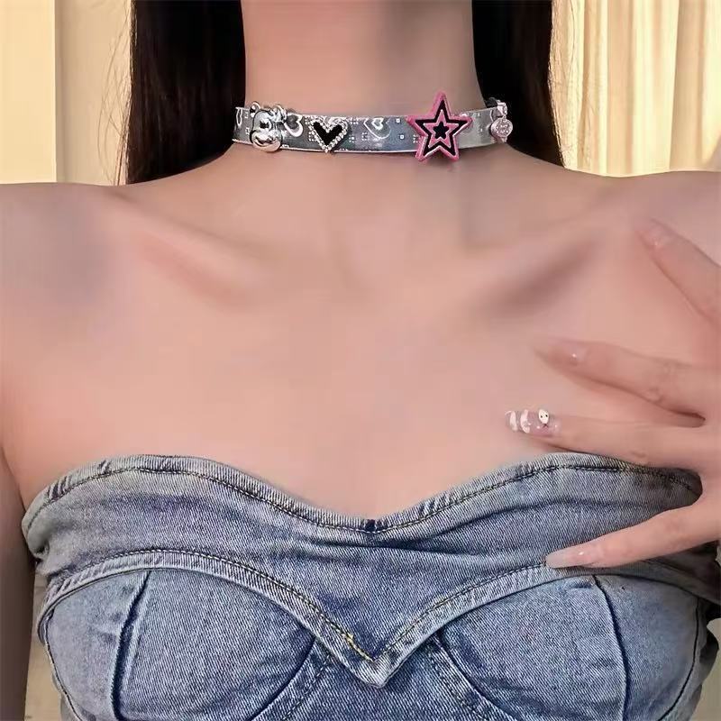新款粉色五角星银色皮革项链项圈女甜酷个性颈带颈环choker颈链女|undefined