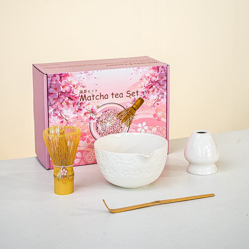 日本製抹茶茶器セット 桜ボウル 注ぎ口付き 8点セット フルセット カラーボックス ピンク付き|undefined